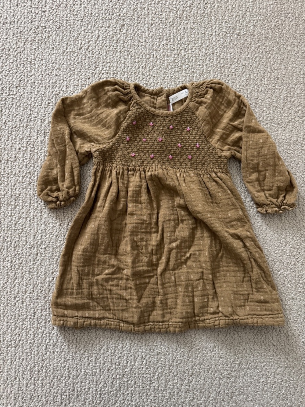 Zara Camel Dress with Pink Embroidery